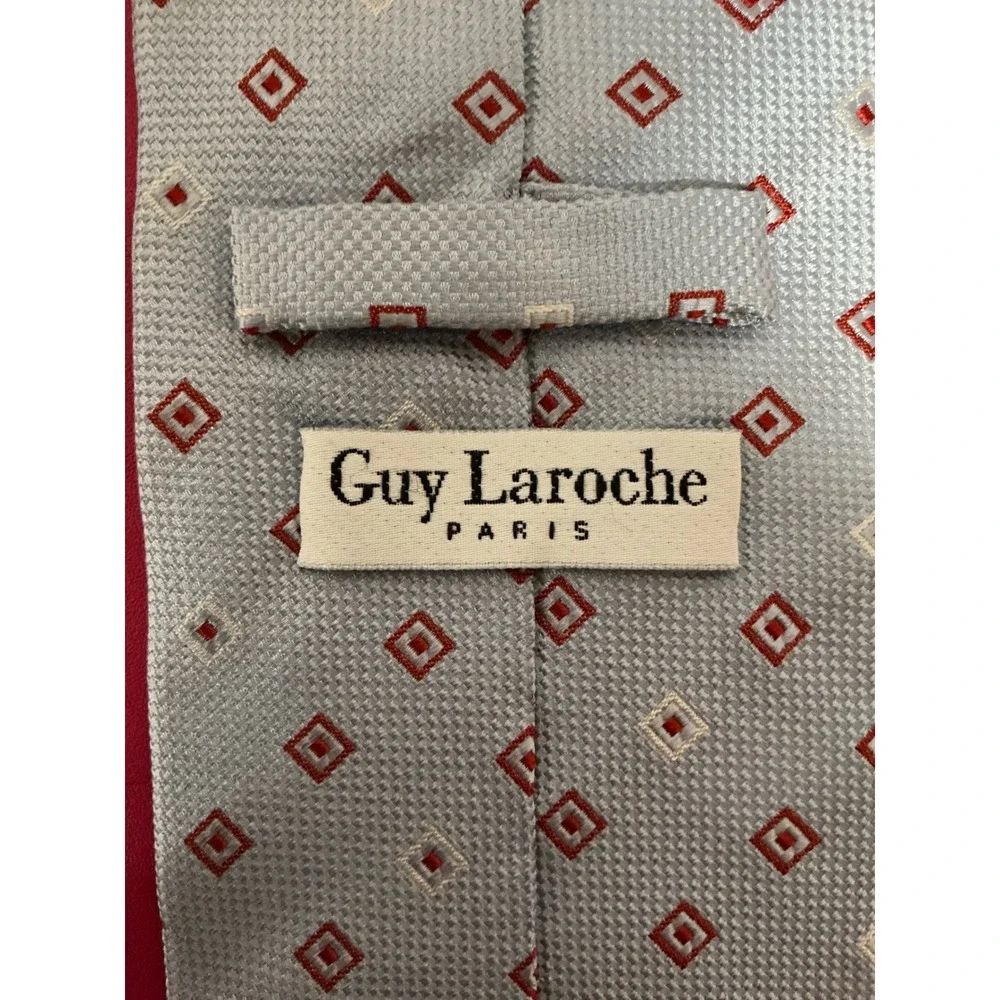Vintage Guy Laroche Paris Mens Silk‎ Tie Silver Red Diamond Pattern Retro 70's
